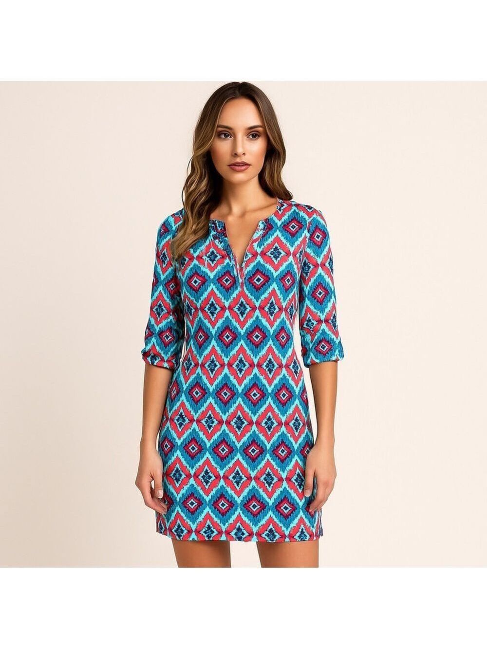 Hatley NWT Lucy mini dress cotton Sunset Ikat V neckline sleeveless blue 3/4 XS
